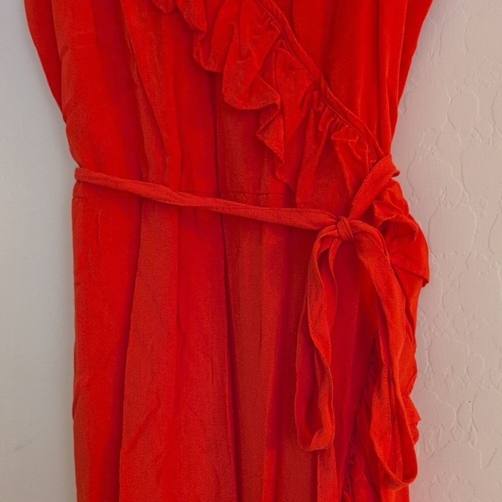 Madewell Ruffle Maxi Faux Wrap Coral Red Pink Orange Asymmetrical Dress - Size 4 - Picture 5 of 13